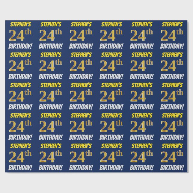 Blue, Faux/Imitation Gold, "24th BIRTHDAY" Wrapping Paper (Flat)