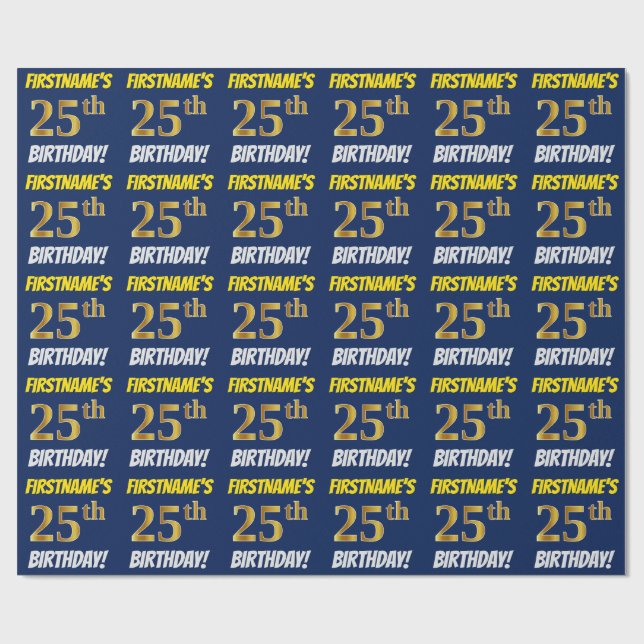 Blue, Faux/Imitation Gold, "25th BIRTHDAY" Wrapping Paper (Flat)