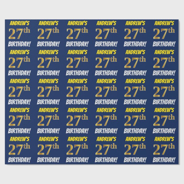 Blue, Faux/Imitation Gold, "27th BIRTHDAY" Wrapping Paper (Flat)