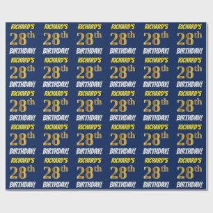 Blue, Faux/Imitation Gold, "28th BIRTHDAY" Wrapping Paper