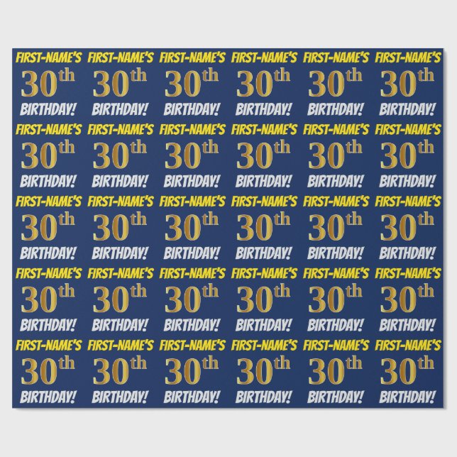 Blue, Faux/Imitation Gold, "30th BIRTHDAY" Wrapping Paper (Flat)