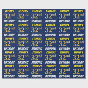 Blue, Faux/Imitation Gold, "32nd BIRTHDAY" Wrapping Paper