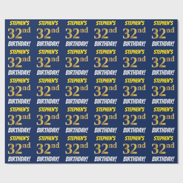 Blue, Faux/Imitation Gold, "32nd BIRTHDAY" Wrapping Paper (Flat)
