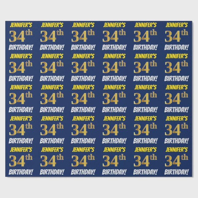 Blue, Faux/Imitation Gold, "34th BIRTHDAY" Wrapping Paper (Flat)