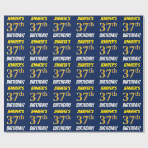 Blue, Faux/Imitation Gold, "37th BIRTHDAY" Wrapping Paper