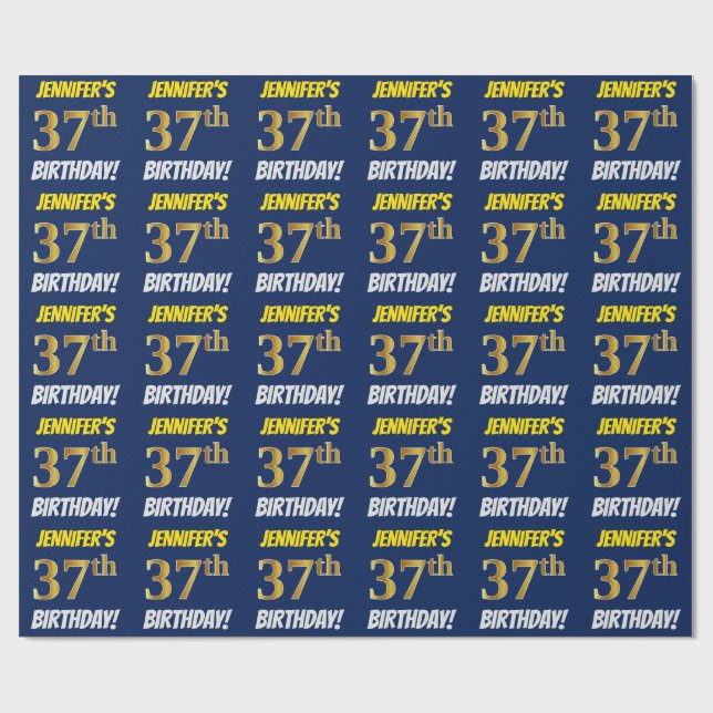Blue, Faux/Imitation Gold, "37th BIRTHDAY" Wrapping Paper (Flat)