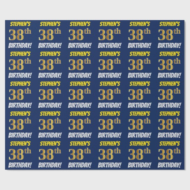 Blue, Faux/Imitation Gold, "38th BIRTHDAY" Wrapping Paper (Flat)
