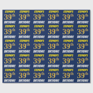 Blue, Faux/Imitation Gold, "39th BIRTHDAY" Wrapping Paper