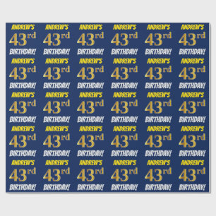 Blue, Faux/Imitation Gold, "43rd BIRTHDAY" Wrapping Paper