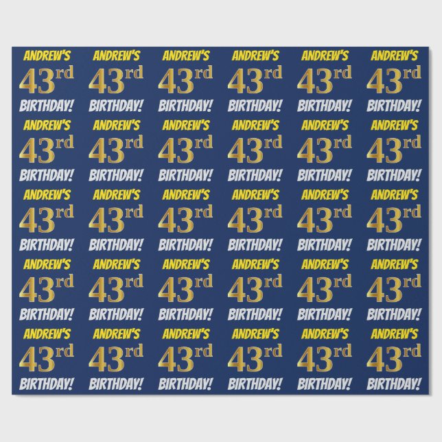 Blue, Faux/Imitation Gold, "43rd BIRTHDAY" Wrapping Paper (Flat)