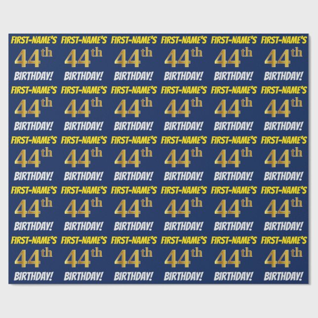 Blue, Faux/Imitation Gold, "44th BIRTHDAY" Wrapping Paper (Flat)
