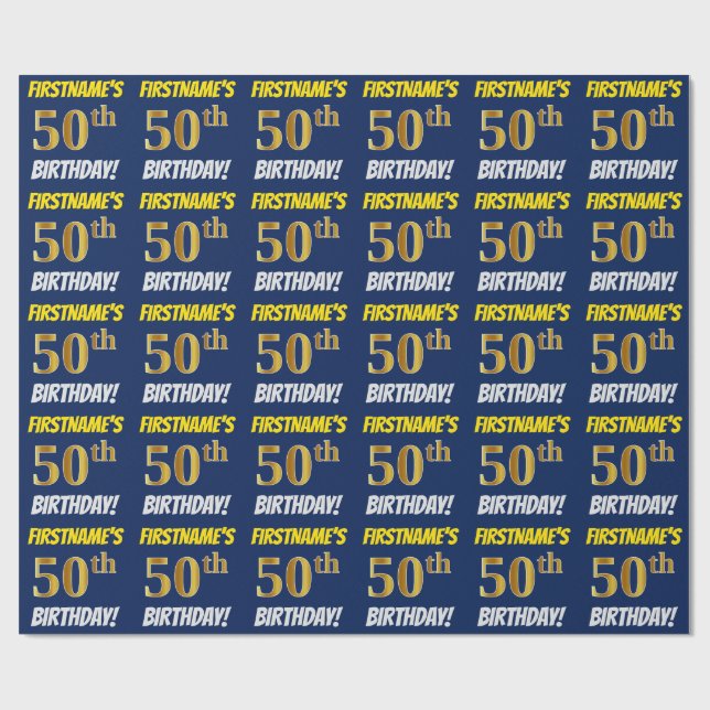 Blue, Faux/Imitation Gold, "50th BIRTHDAY" Wrapping Paper (Flat)