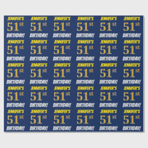 Blue, Faux/Imitation Gold, "51st BIRTHDAY" Wrapping Paper