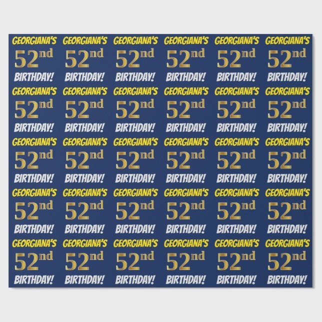 Blue, Faux/Imitation Gold, "52nd BIRTHDAY" Wrapping Paper (Flat)