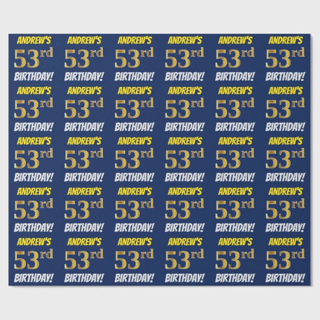 Blue, Faux/Imitation Gold, "53rd BIRTHDAY" Wrapping Paper (Flat)