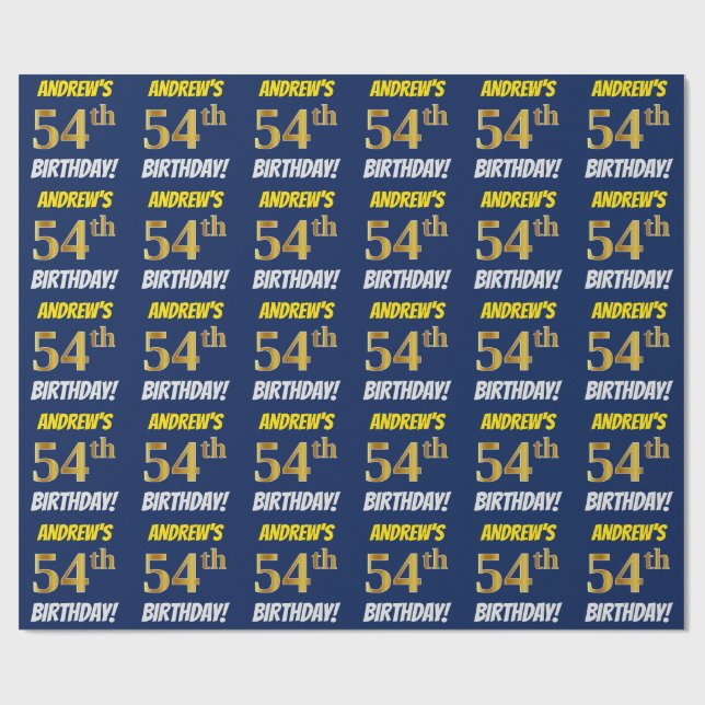 Blue, Faux/Imitation Gold, "54th BIRTHDAY" Wrapping Paper (Flat)