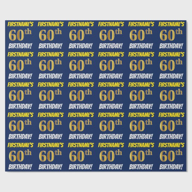 Blue, Faux/Imitation Gold, "60th BIRTHDAY" Wrapping Paper (Flat)