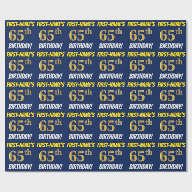 Blue, Faux/Imitation Gold, "65th BIRTHDAY" Wrapping Paper (Flat)