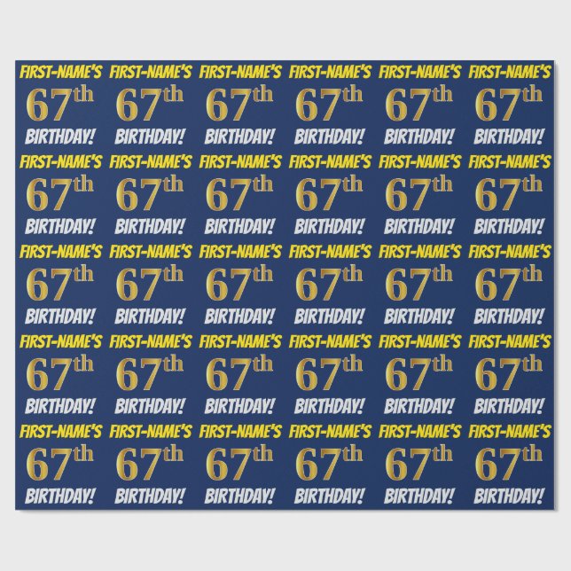 Blue, Faux/Imitation Gold, "67th BIRTHDAY" Wrapping Paper (Flat)