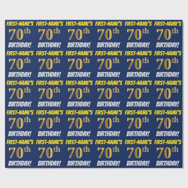 Blue, Faux/Imitation Gold, "70th BIRTHDAY" Wrapping Paper (Flat)