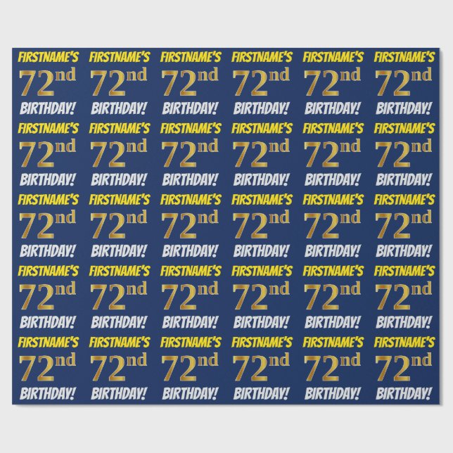 Blue, Faux/Imitation Gold, "72nd BIRTHDAY" Wrapping Paper (Flat)