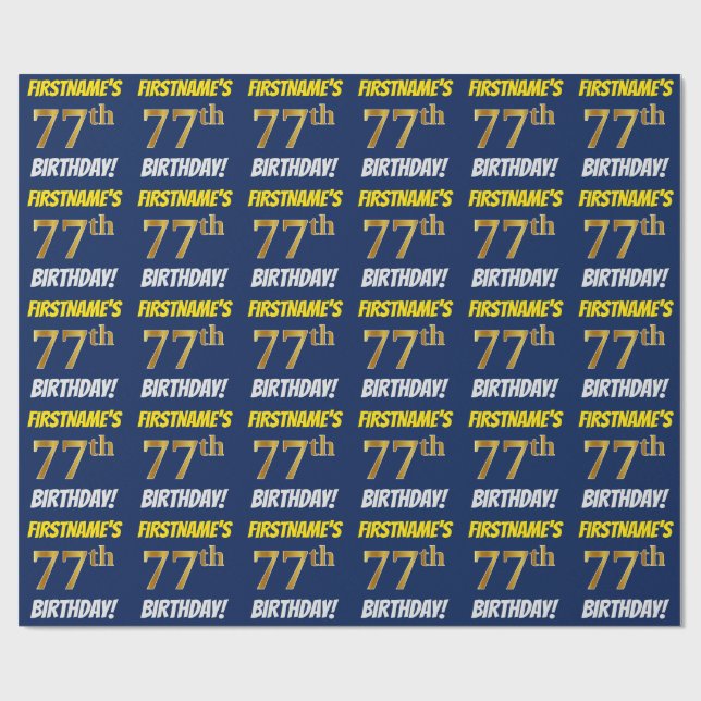 Blue, Faux/Imitation Gold, "77th BIRTHDAY" Wrapping Paper (Flat)