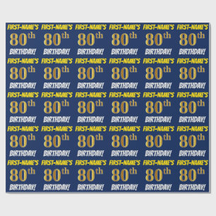 Blue, Faux/Imitation Gold, "80th BIRTHDAY" Wrapping Paper