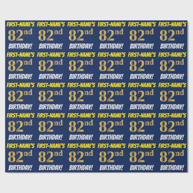 Blue, Faux/Imitation Gold, "82nd BIRTHDAY" Wrapping Paper (Flat)