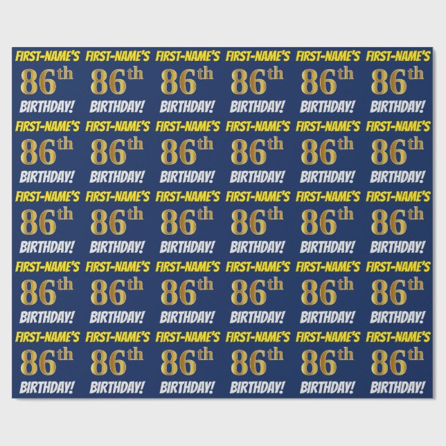 Blue, Faux/Imitation Gold, "86th BIRTHDAY" Wrapping Paper (Flat)