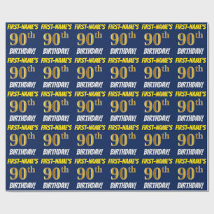 Blue, Faux/Imitation Gold, "90th BIRTHDAY" Wrapping Paper
