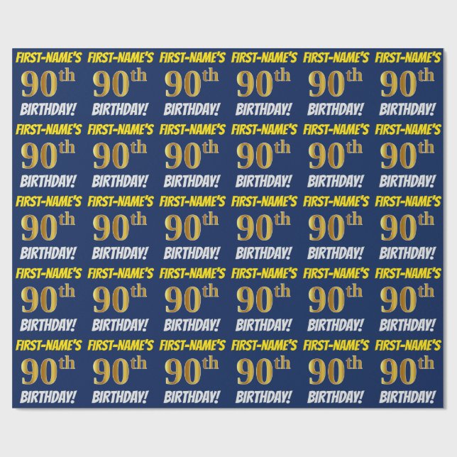 Blue, Faux/Imitation Gold, "90th BIRTHDAY" Wrapping Paper (Flat)