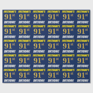 Blue, Faux/Imitation Gold, "91st BIRTHDAY" Wrapping Paper