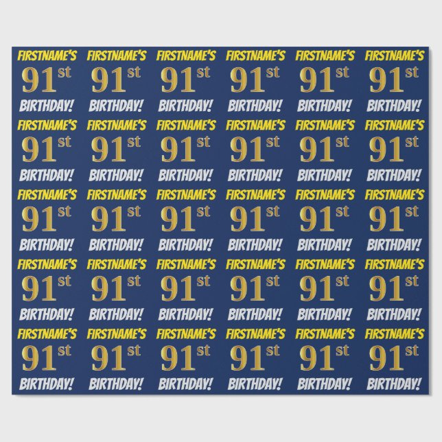 Blue, Faux/Imitation Gold, "91st BIRTHDAY" Wrapping Paper (Flat)