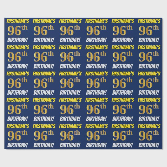 Blue, Faux/Imitation Gold, "96th BIRTHDAY" Wrapping Paper (Flat)