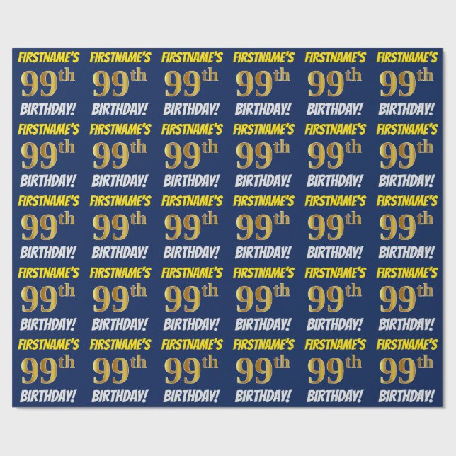 Blue, Faux/Imitation Gold, "99th BIRTHDAY" Wrapping Paper (Flat)