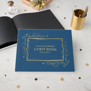 Blue Faux Leather Gold Frame Guest Book 2