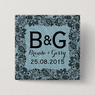 Blue Faux Linen & Black Floral Lace Frame 15 Cm Square Badge