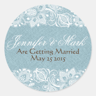 Blue Faux Linen Burlap & White Floral Lace Classic Round Sticker