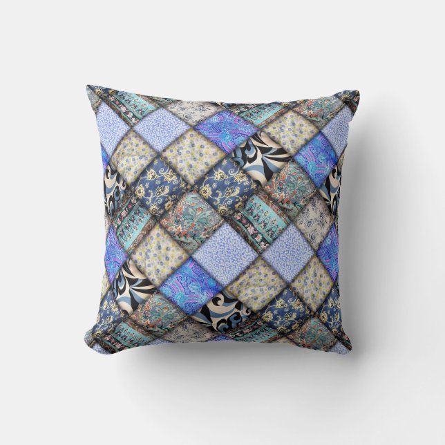 Blue Faux Patchwork Quilting Pattern Cushion (Front)