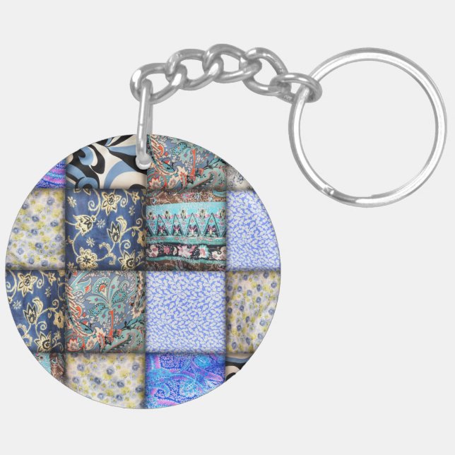 Blue Faux Patchwork Quilting Pattern Key Ring (Back Right)