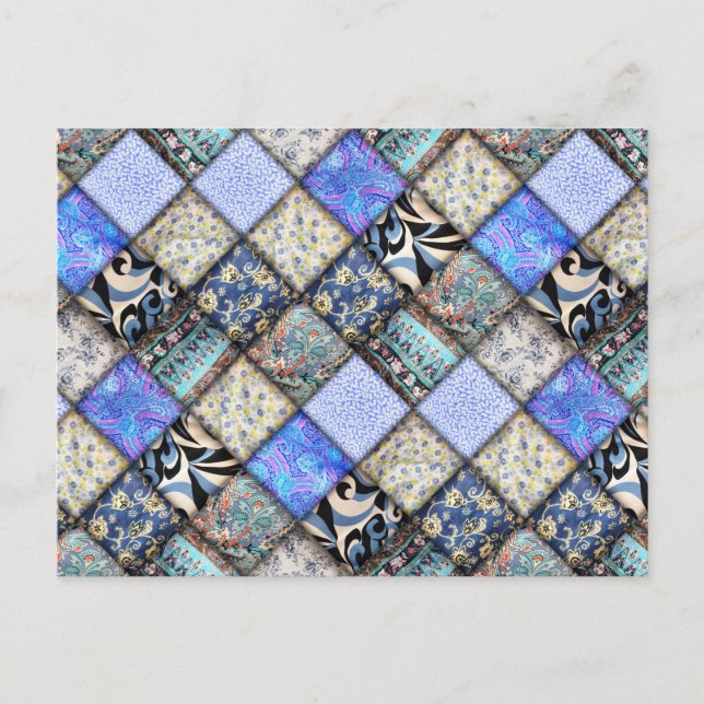 Blue Faux Patchwork Quilting Pattern Postcard (Front)