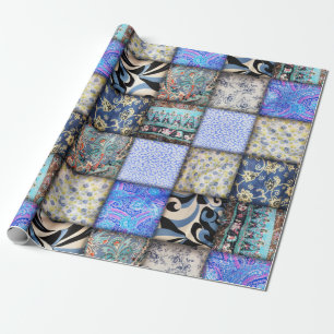 Blue Faux Patchwork Quilting Pattern Wrapping Paper