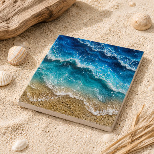 Blue Faux Resin Waves Coastal Beach Tile
