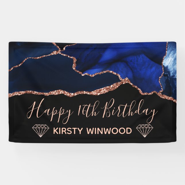 Blue & Faux Rose Gold Glitter Agate Sweet 16 Banner (Horizontal)
