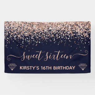 Blue & Faux Rose Gold Glitter Sweet 16 Banner