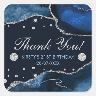 Blue & Faux Silver Glitter Agate Birthday Square Sticker