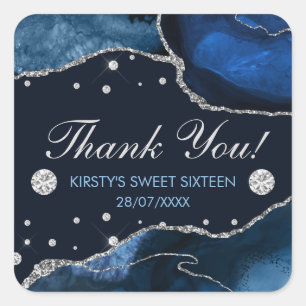 Blue & Faux Silver Glitter Agate Birthday Sweet 16 Square Sticker