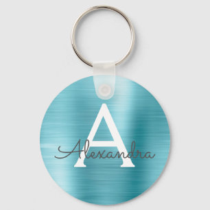 Blue Faux Stainless Steel Monogram Key Ring