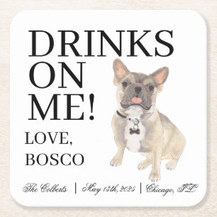 Blue Fawn Tricolor Frenchie French Bulldog Wedding Square Paper Coaster