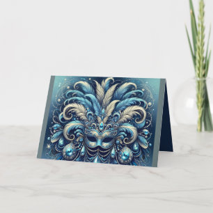 Blue Feather Masquerade Mask Illustration Card